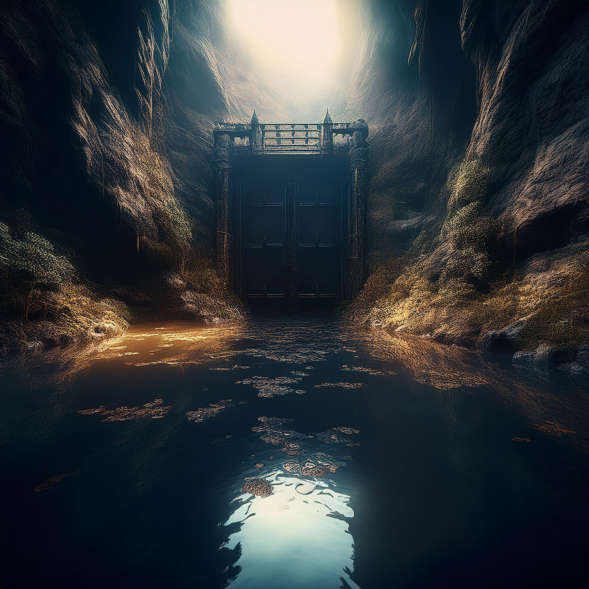 A cesspit with a iron gate on the other side.